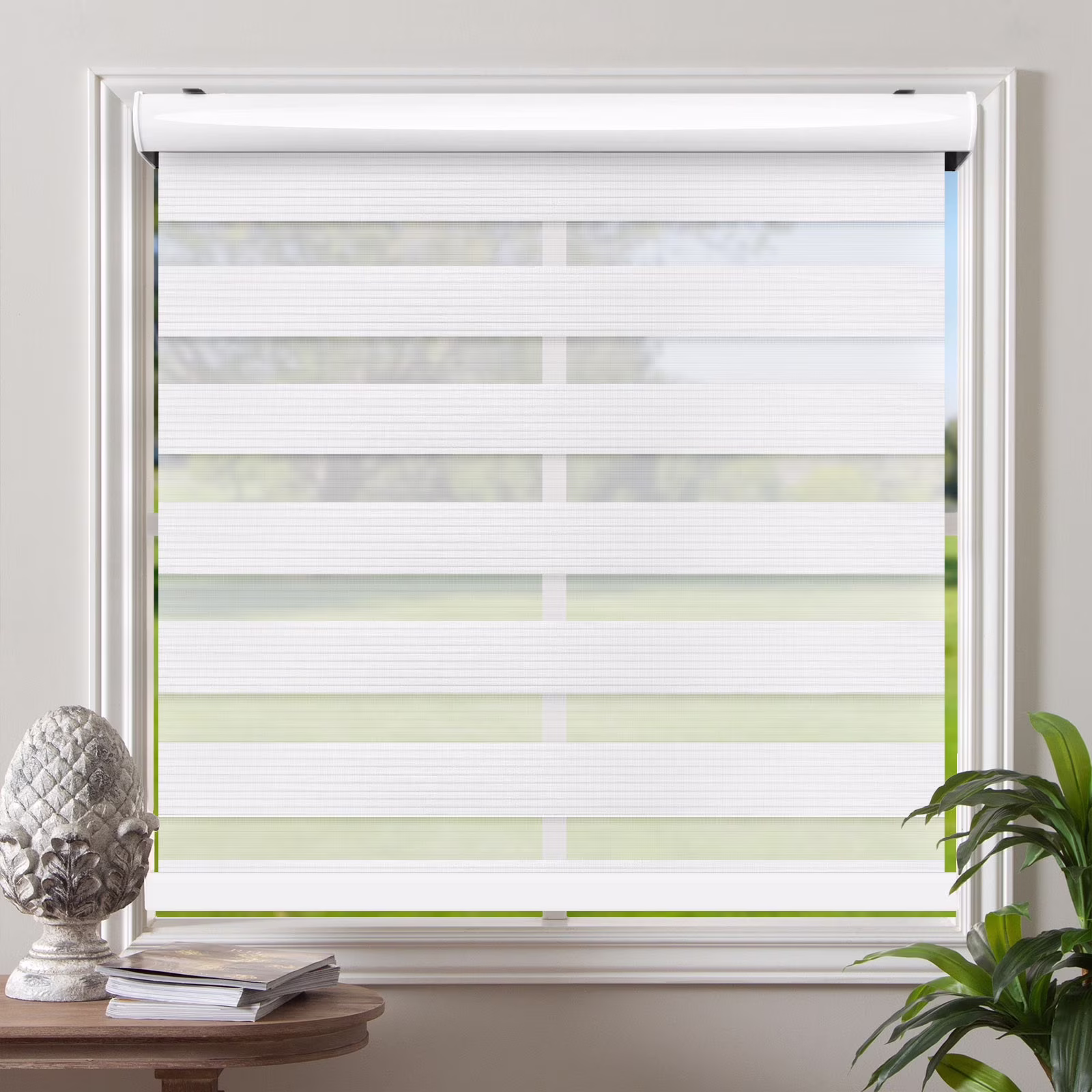 Zebra Cordless Window Blinds, Dual Layered Light Filtering Roller Shades, Easy Install Blinds, Indoor Home Decor, Pull-Down Shades for Windows, Light Control for Day & Night, White, 66"W X 72"H