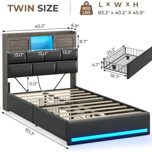 Twin Bed Frame with Bookcase Headboard and Storage, Barn Doors Twin Size Upholstered Beds with 4 Under Bed Storage Drawers & Charging Station & LED Lights, Grey