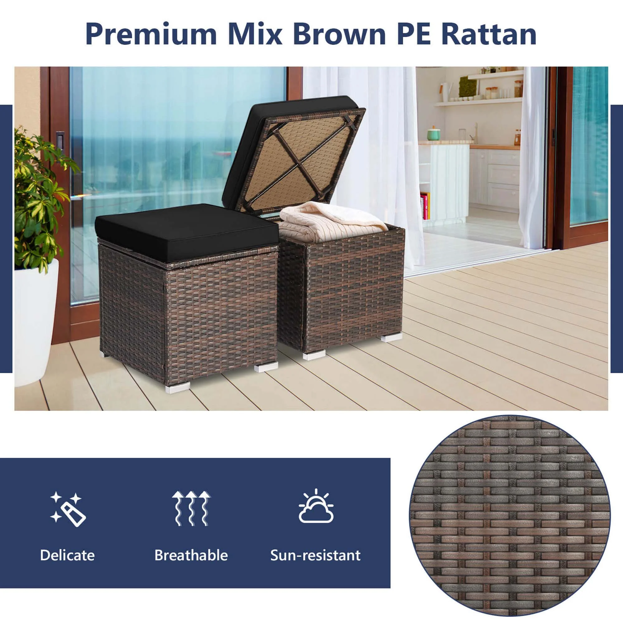 Costway 2PC Patio Rattan Ottoman Seat Side Table Storage Box Footrest Off White