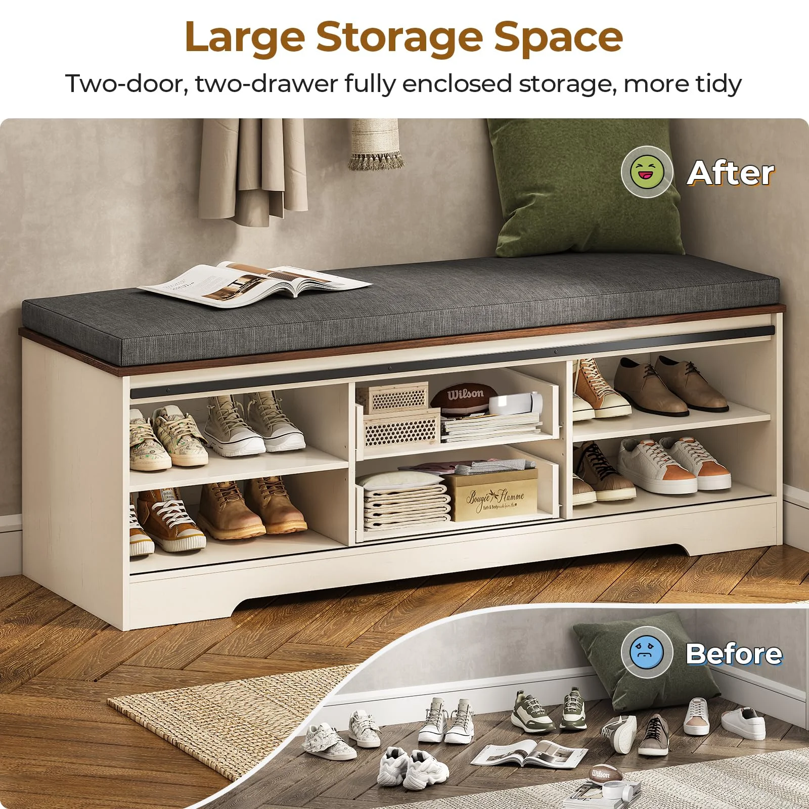Farmhouse Storage Bench with Cushion, 31.4in Shoe Cabinet with Metal Barn Door and Half Hidden Storage Space for Entryway, Bedroom, Living Room, Old White
