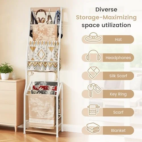 Blanket Ladder, 7 Tier Blanket Ladders for The Living Room,Wooden Ladder Shelf with Hooks, 5.5ft Blanket Holder Rack Farmhouse Ladder Rack for Storage and Home Decor, Rustic Brown and Black