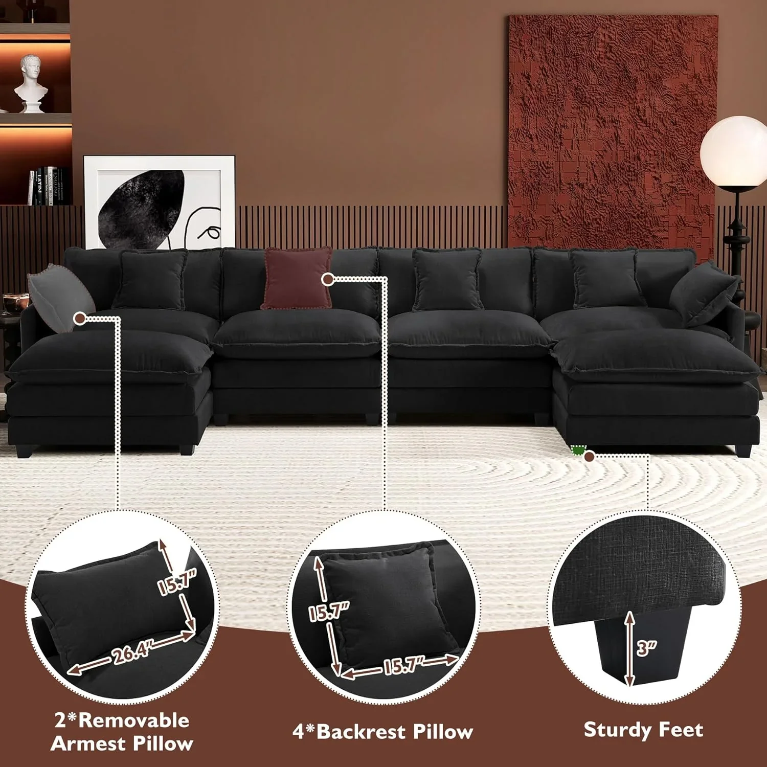 Ihanherry 146" U-Shaped Modern Sofa Modular Sectional Cloud Couch with 2 Ottoman, 6-Seat Chenille Deep Seat Sofa with 6 Pillows for Living Room, Bedroom and Apartment, Grey