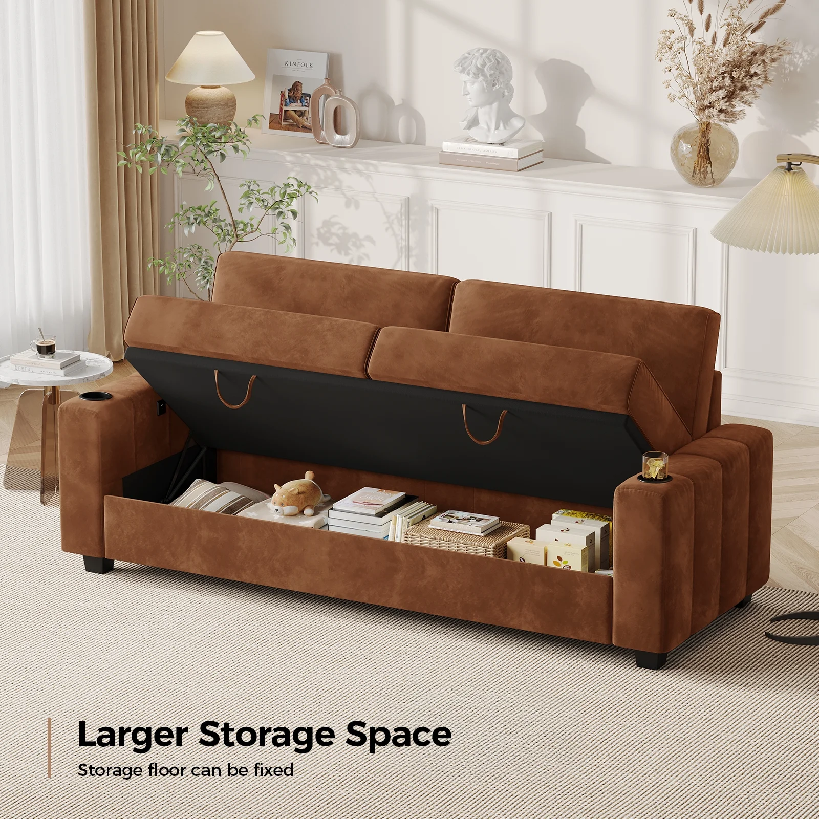 87-Large Loveseat Sofa, 3 Seater Couch with Storage, Velvet Fabric Deep Seat Sofa with Pillow& Cup Holders, Modern Comfy Sofa with USB& Type-C Ports, Home Sofa Couch for Living Room Bedroom