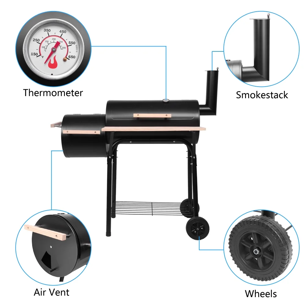 Clearance Charcoal Grill, Portable Oil Drum Charcoal Furnace with Stainless Steel BBQ Smoker, Wood Shelf, Thermometer, Wheels, for patio, Pool, Camping