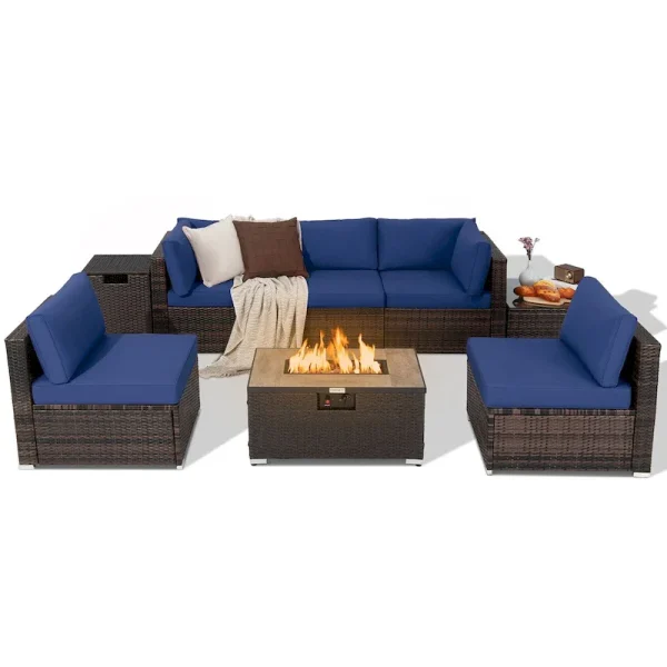 8PCS Patio Rattan Furniture Set Fire Pit Table Tank Holder Cover Deck