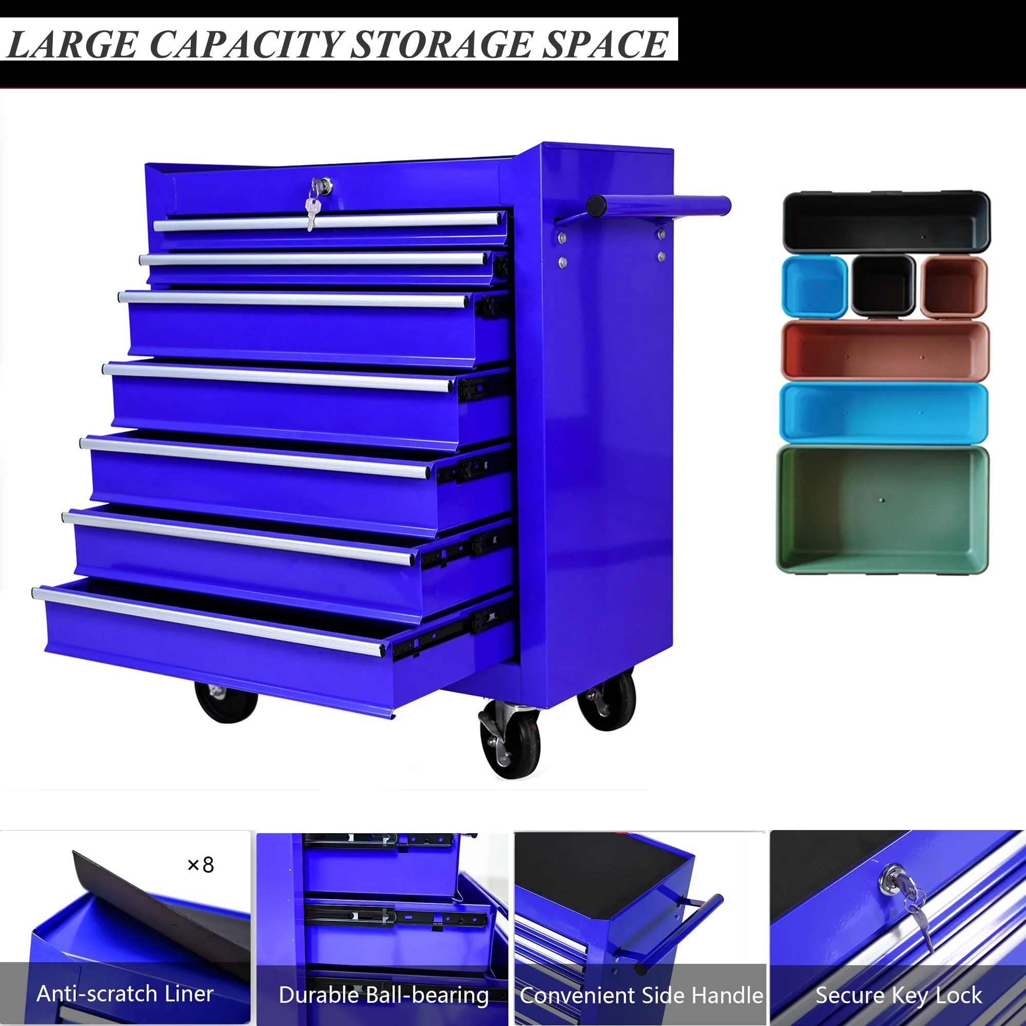 7 Drawer Tool Chest with Wheels,Metal Locking Rolling Tool Box with Tool Organizer Trays for Tool Storage Organizer,Portable Standing Mechanic Toolbox for Garage,30 in Tall Tool Cabinet