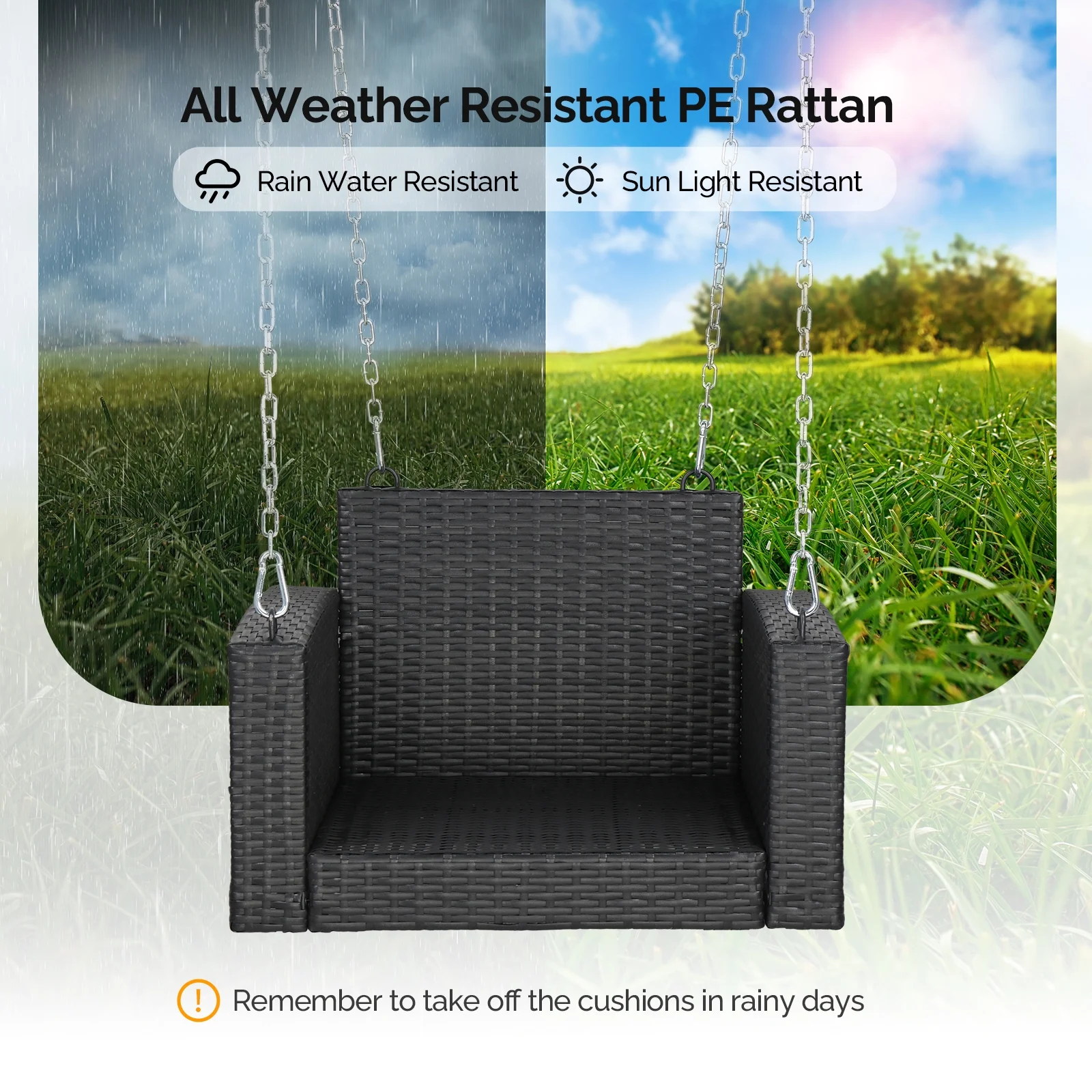 Zimtown Patio Rattn Wicker Swing, Outdoor Bench w/ Blue Cushion, Outdoor Seat Garden Swing for 2 Person