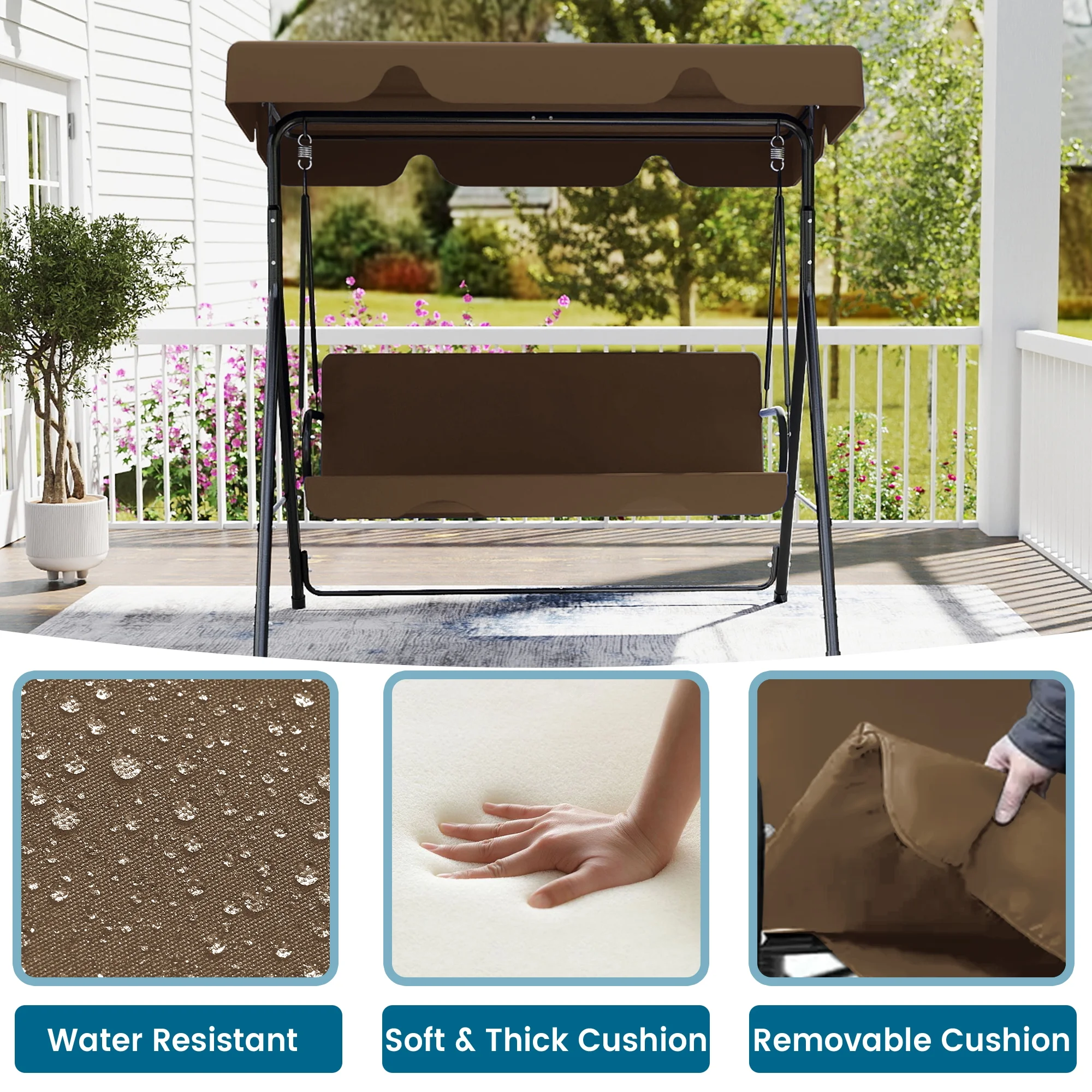 Melocadol 3 Seats Outdoor Porch Swing Glider, Patio Swing Chair with All Weather Covered Canopy and Rust Proof Heavy Duty Stand, for Garden, Lawn, or Backyard, Black