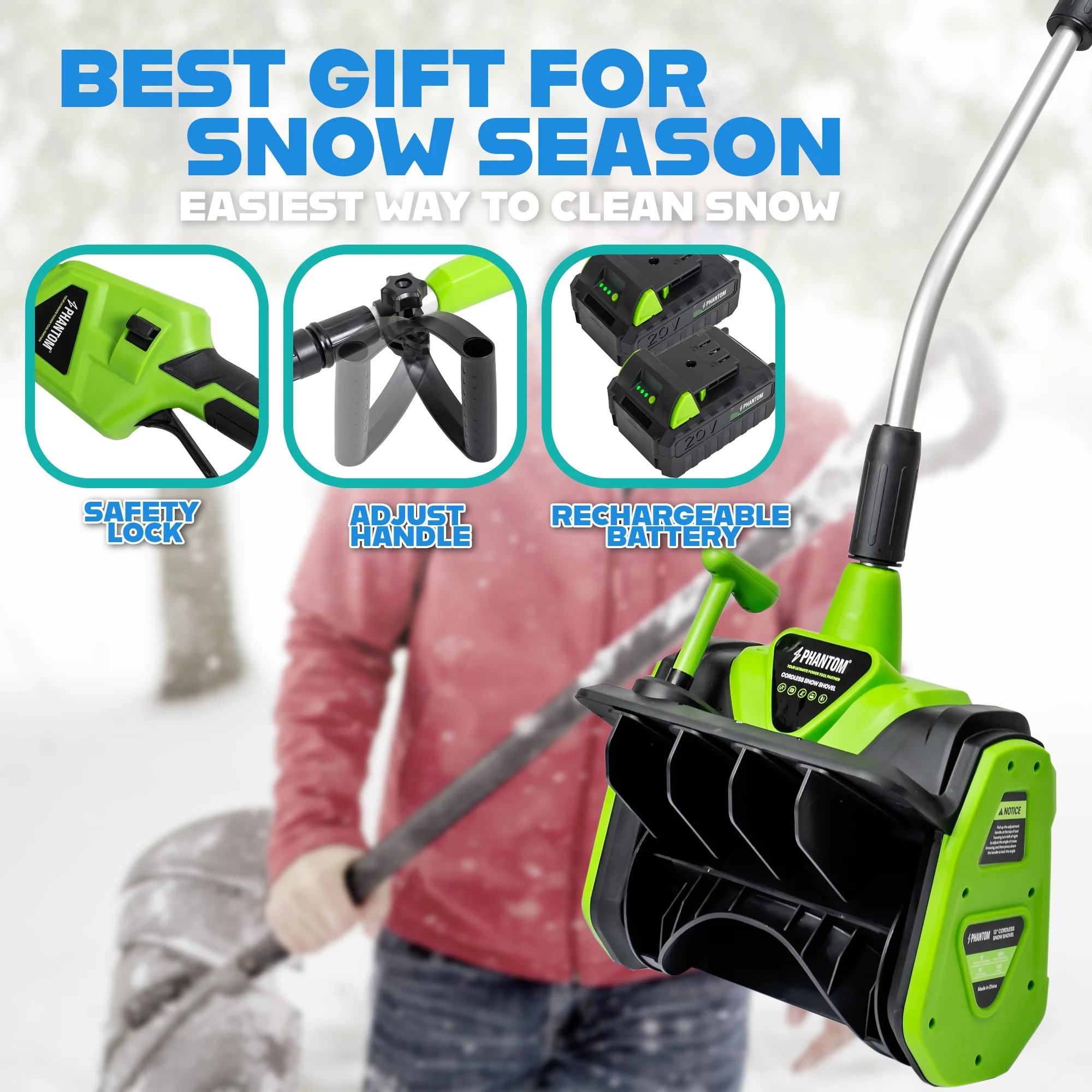 Cordless Snow Shovel, 20V Battery Powered Snow Blower, Lightweight Electric Snow Thrower with Adjustable Handle, Directional Plate, Perfect for Patios, Decks, Walkways, and Driveways (20 INCH)