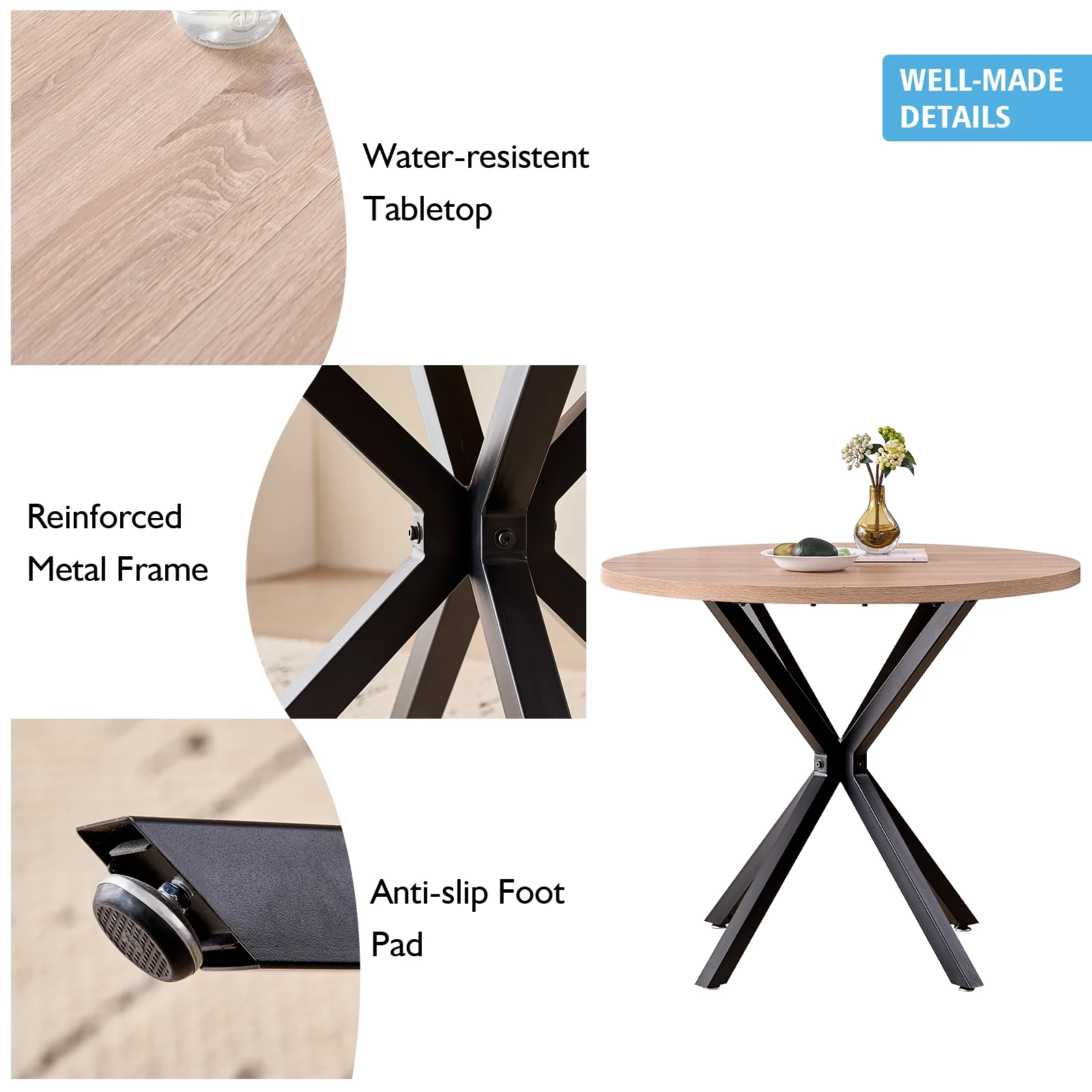 39- Round Dining Table, Modern Small Kitchen Table for 4 with X-Shaped Metal Legs and 1.2" Thickness Tabletop for Kitchen Dining Room, Coffee Table, Oak