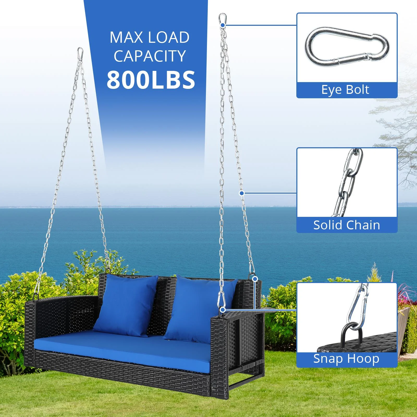 Zimtown Patio Rattn Wicker Swing, Outdoor Bench w/ Blue Cushion, Outdoor Seat Garden Swing for 2 Person