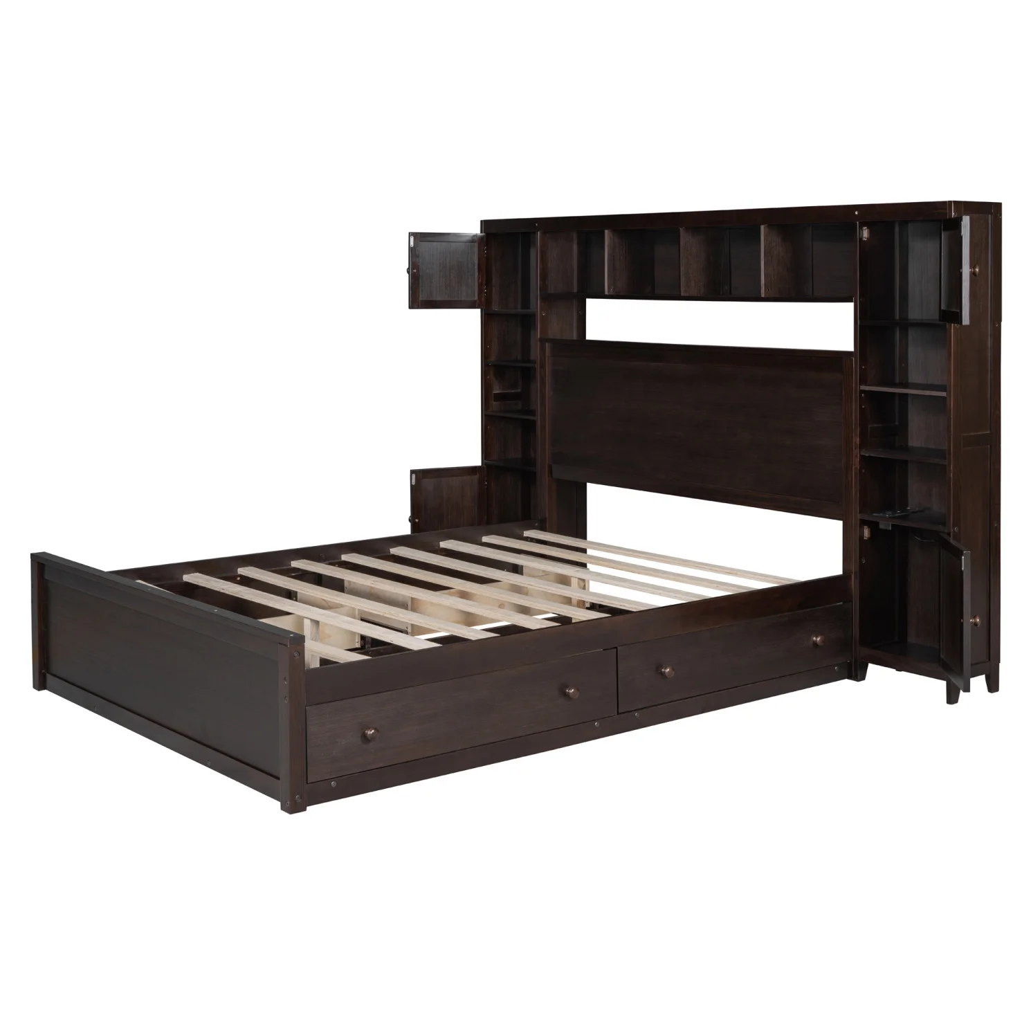 Queen Size Bed Frame with Headboard Storage and Outlet, Modern Solid Wood Storage Bed with 4 Underbed Drawers, Durable and Noiseless,Espresso