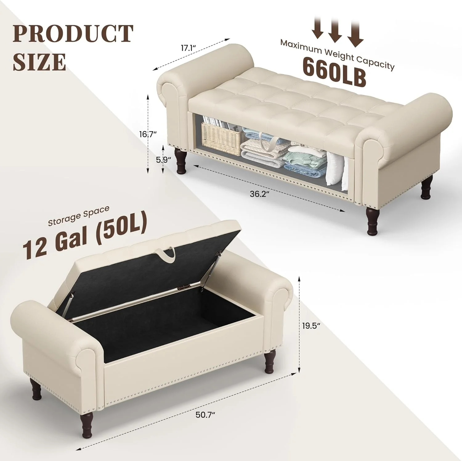 Gelloan Storage Ottoman Bench for Bedroom,Upholstered Bedroom Bench with Rolled Arms and Rivets, Storage Chest for Living Room,Grey,51 Inches