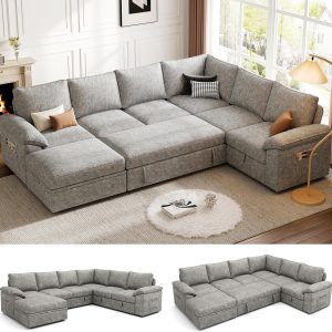 108 Inch Sectional Sleeper Sofa with Pull Out Bed, U Shaped 7 Seat Modular Sectional Sofa