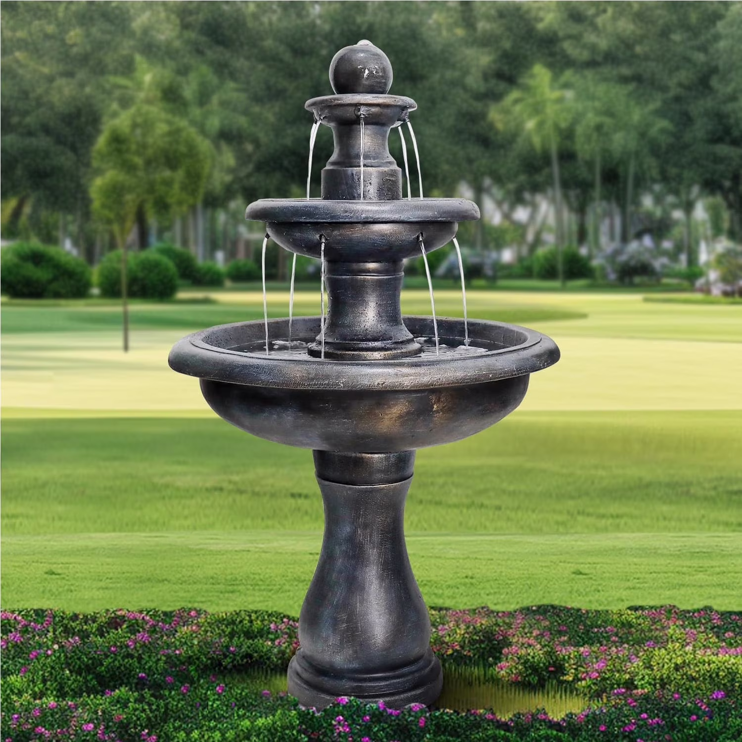 48-?H Outdoor Floor Water Fountain, 3-Tiers Concrete Water Fountain with Submersible Electric Pump - Garden Cascading Waterfall for Yard Patio Lawn Home Decor