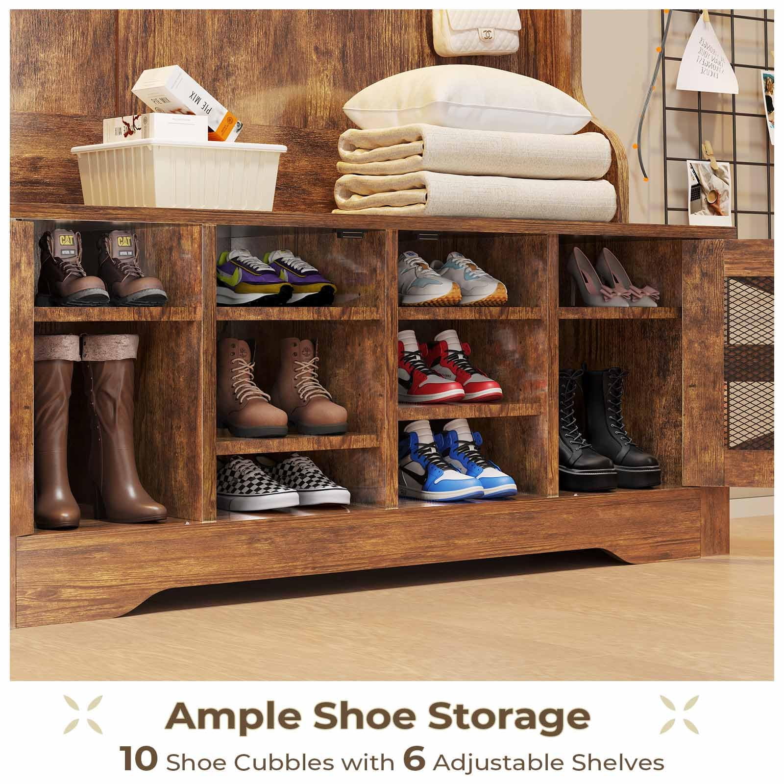 5-in-1 Entryway Bench with Coat Rack, Hall Tree with Bench and Shoe Storage, Rustic Brown