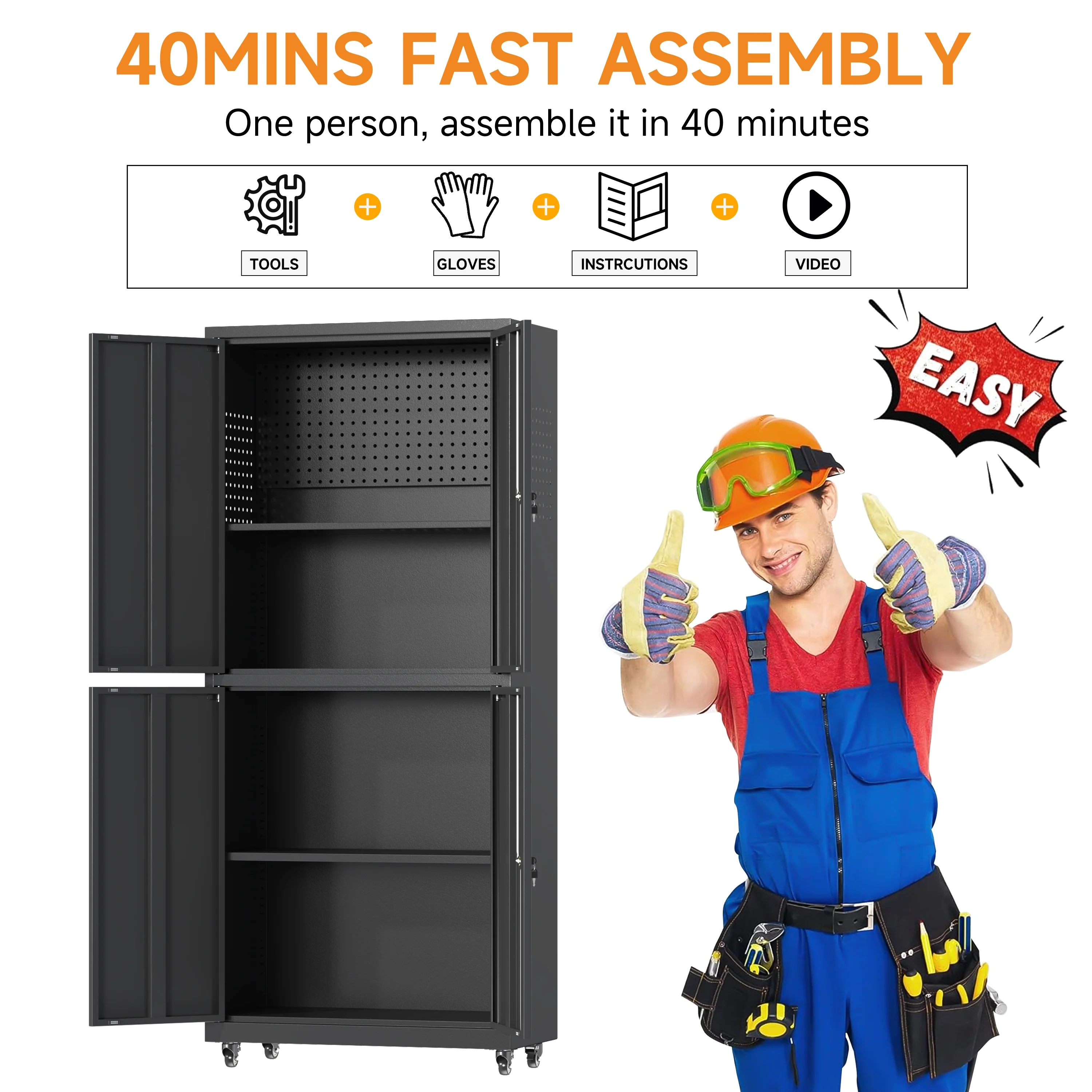 Firstsky Metal Garage Storage Cabinet with Wheels, Adjustable Rolling Tool Storage Cabinet with Lock, 34" Steel Locking Tool Cabinet with Doors and Shelves-Black&Gray, 34.3" H-