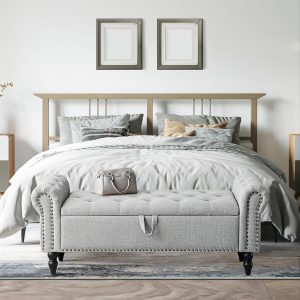 Furniliving Modern Storage Ottoman Bench, Sherpa Ottoman End of Bed Bench with Solid Wood Legs Upholstered Ottoman Benches with Storage Indoor Bench for Living Room with Rolled Arm, Entryway, White