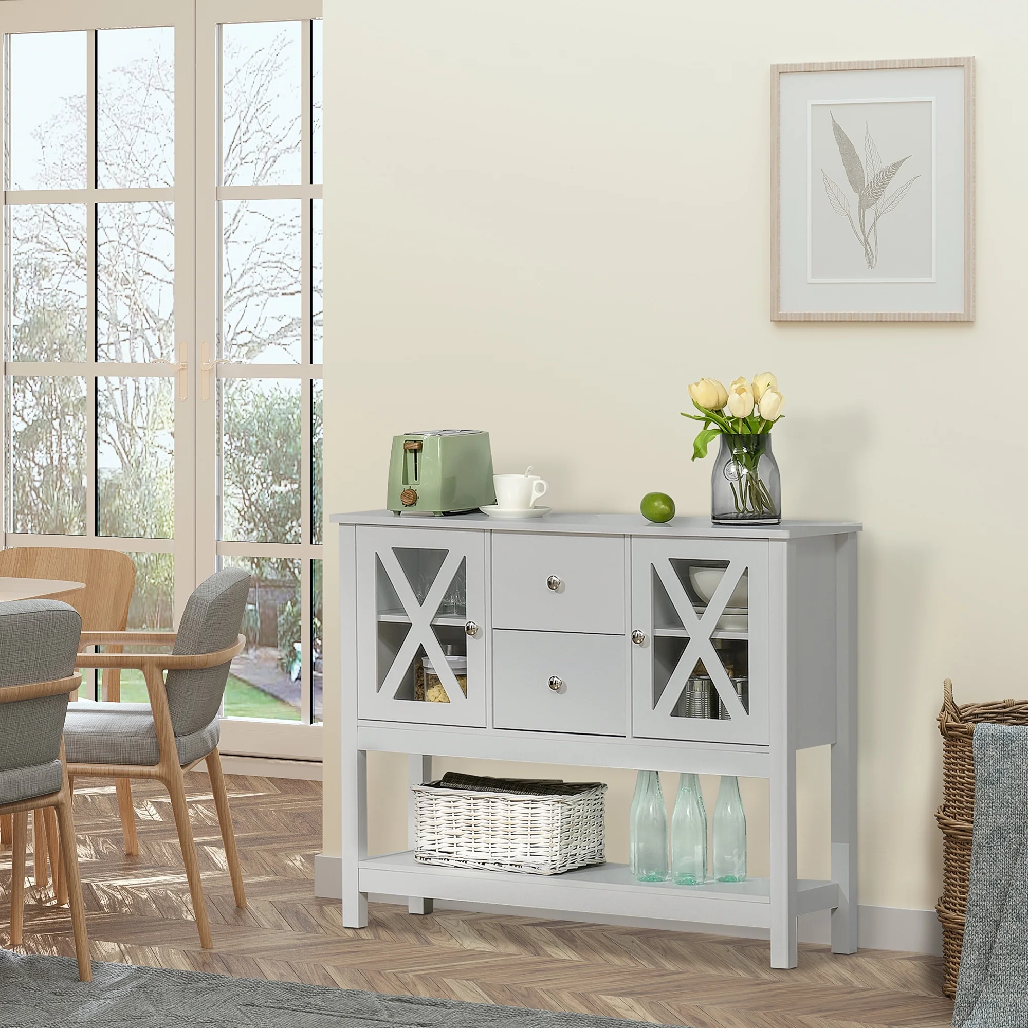 HOMCOM Coffee Bar Cabinet, Sideboard Buffet Cabinet, Kitchen Cabinet with Storage Drawers and Glass Door for Living Room, Entryway, White