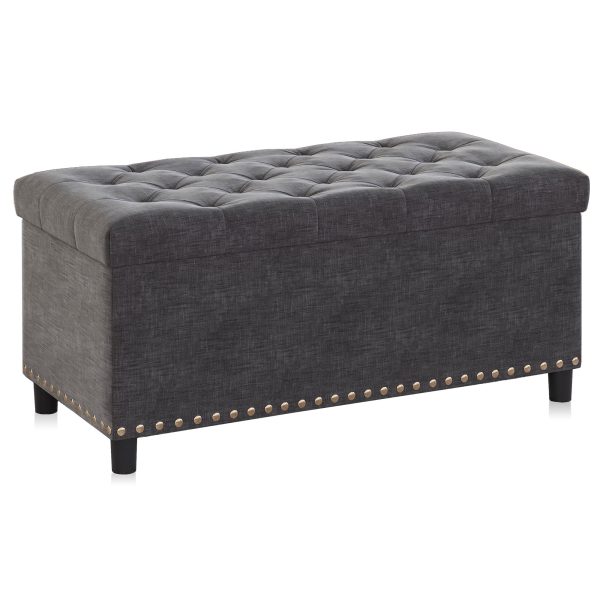 BELLEZE 35 Inch Storage Ottoman, Button-Tufted Ottoman Linen Storage Bench with Safety Close Hinge, Ottoman with Storage for Living Room, Entryway, Hallway, Foot Rest, Support 300lbs - Dark Grey