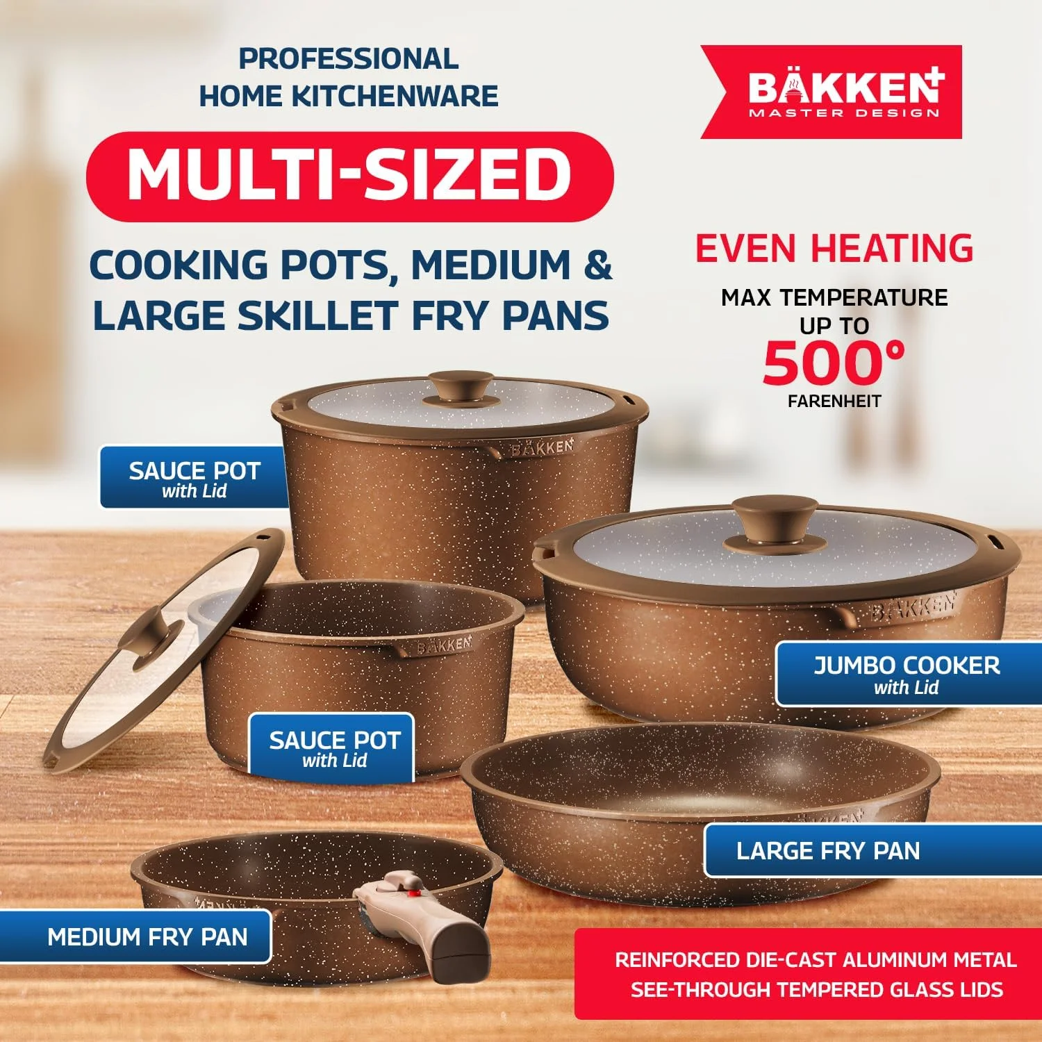 Bakken Master 38 Piece Granite Cookware and Bakeware Set -C Nonstick Granite Coating, Pots and Pans with Detachable Handles and Tempered Glass Lids, 6-piece Bakeware set, 12-piece Mixing Bowls,Brown