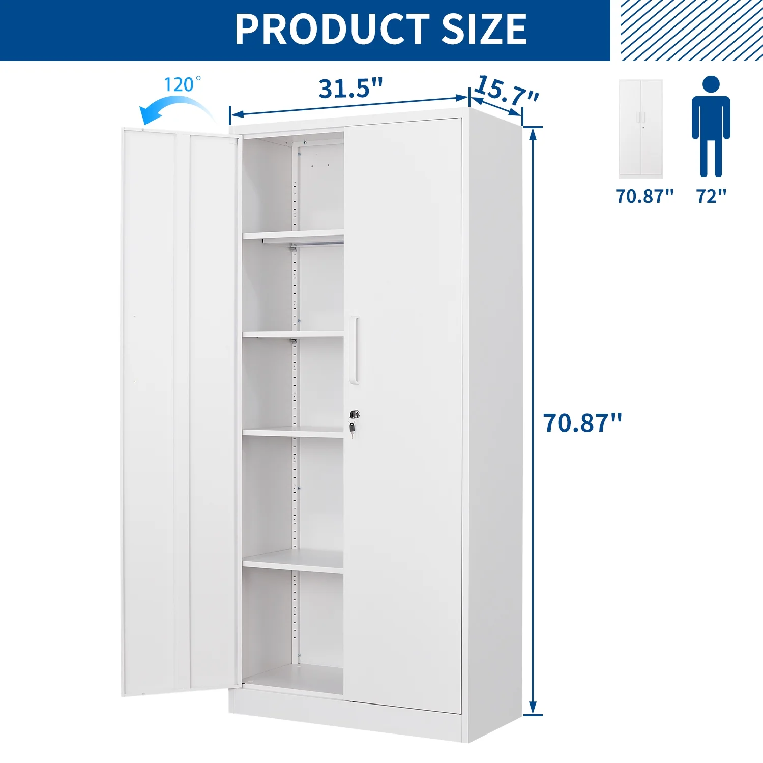 STANI Metal Storage Cabinet, 71- Tall Steel Cabinets with Locking Door and 5 Adjustable Shelves, Steel Classic Storage Cabinet for Home, School, Office, Garage