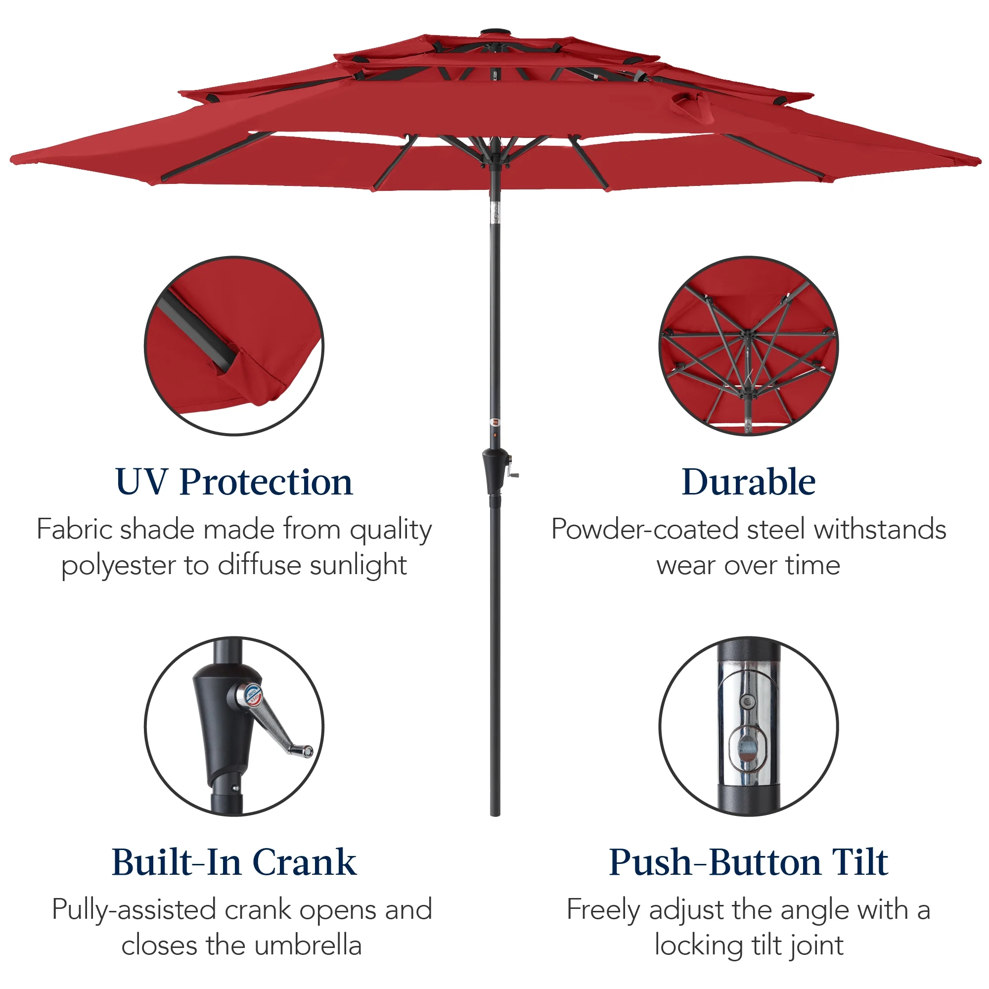 Best Choice Products 10ft 3-Tier Patio Umbrella, Market Sun Shade w/ Tilt Adjustment, Easy Crank - Red