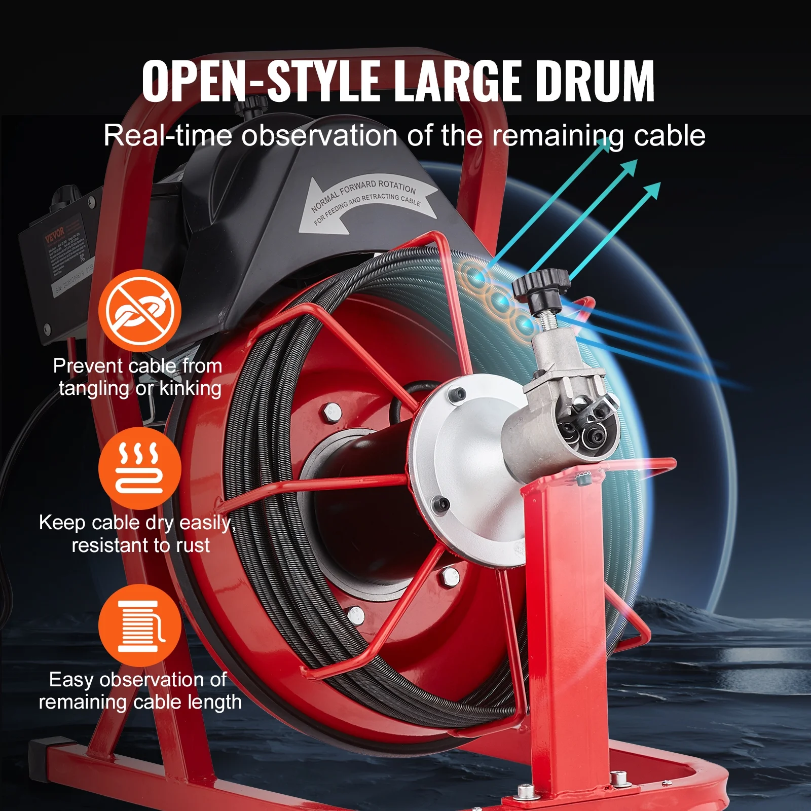 VEVOR Drain Cleaner Machine 50FT x 3/10 Inch, Auto Feed Sewer Snake Auger, Electric Drain Cleaning Machine with 4 Cutters & Air-activated Foot Switch for 2" to 4" Pipes