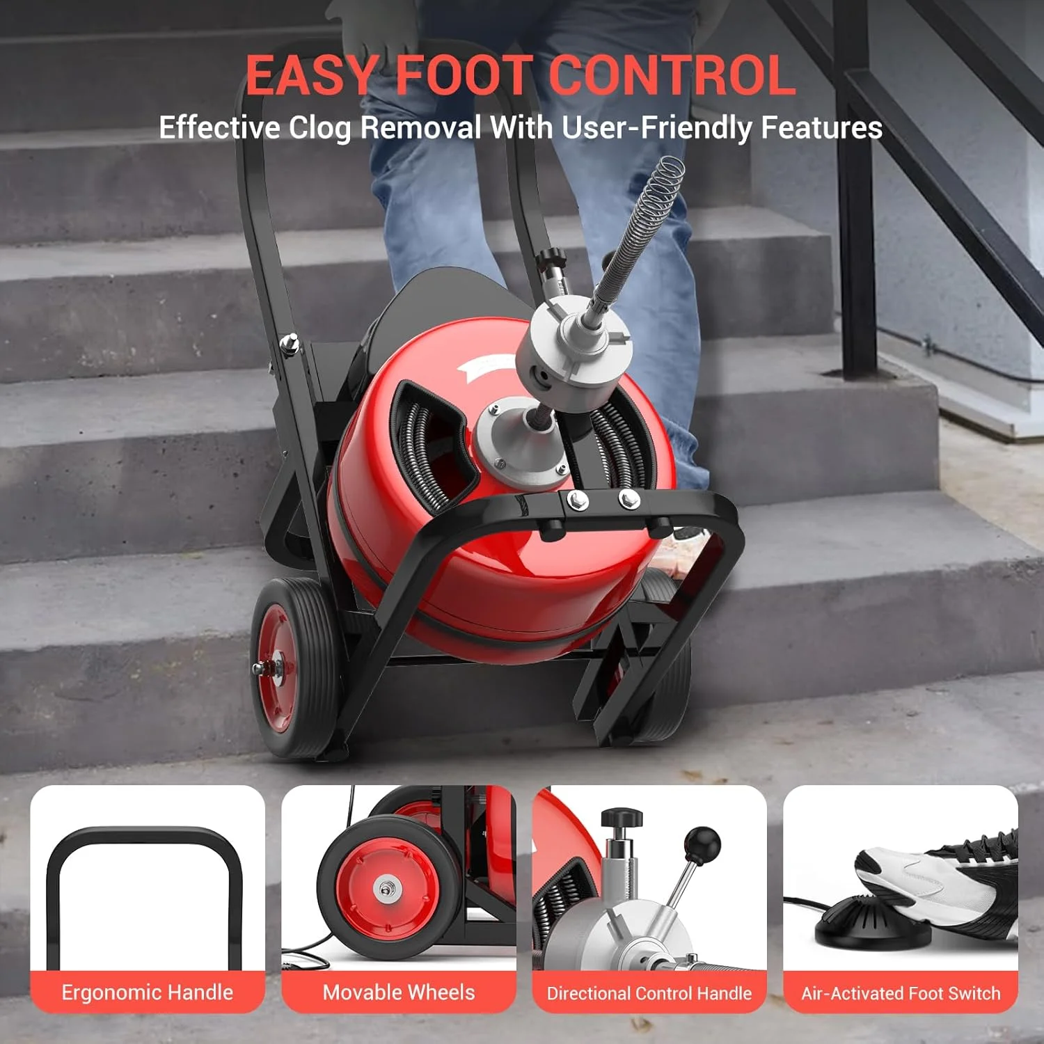 Roromall 75FT 100FT Electric Drain Cleaning Machine with 1/2-inch 3/4-inch Cable, 450W Auto Feed Portable Sewer Snake, Air-Activated Foot Switch, 4 Interchangeable Cutters for 2" to 4" Pipes