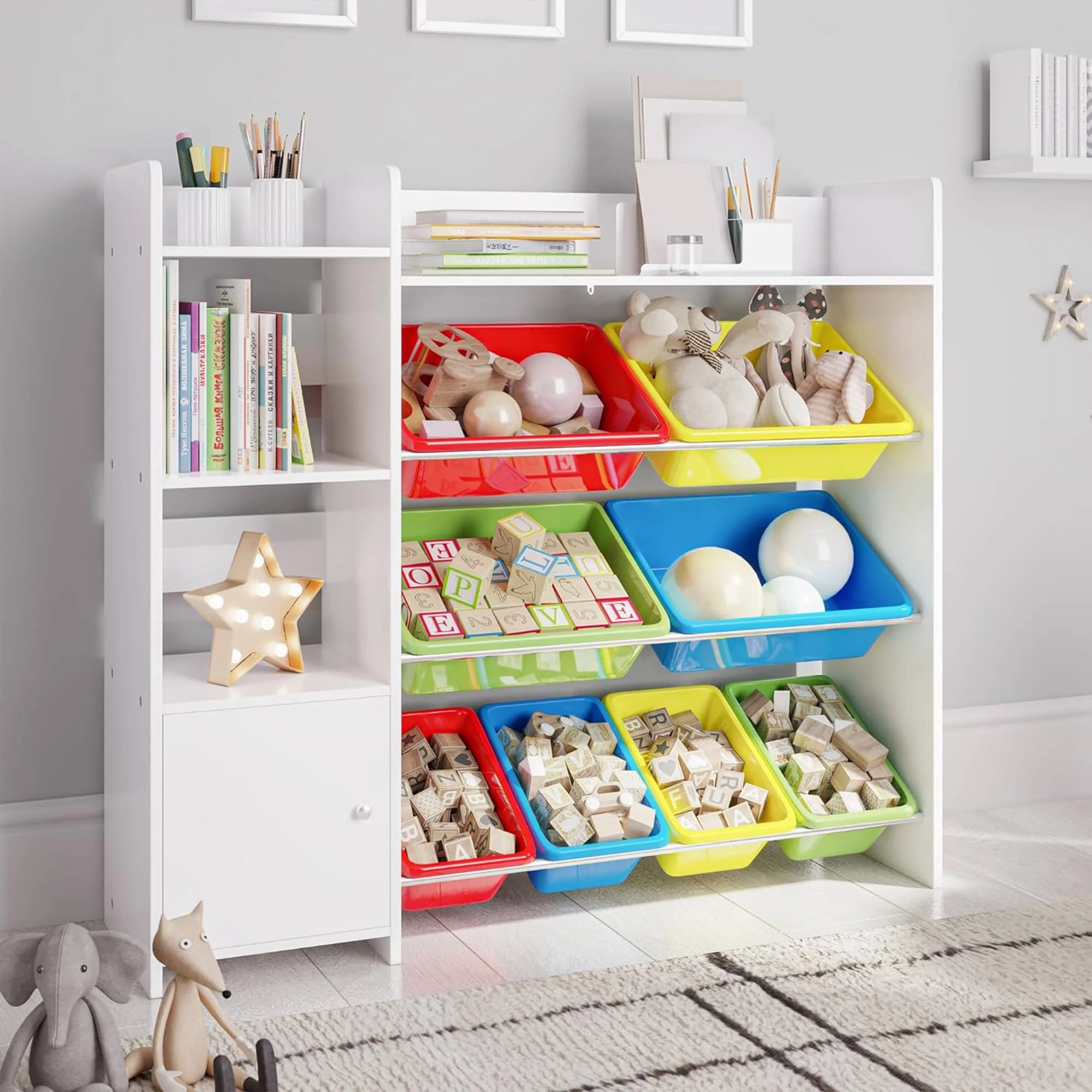 Sturdis Kids Toy Storage Organizer With Bookshelf and White Bins
