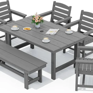 SERWALL 7-Piece Patio Table Set, Outdoor HDPE Dining Furniture with Umbrella Hole, All Weather Table and Chairs for Lawn, Garden, Poolside, Aruba