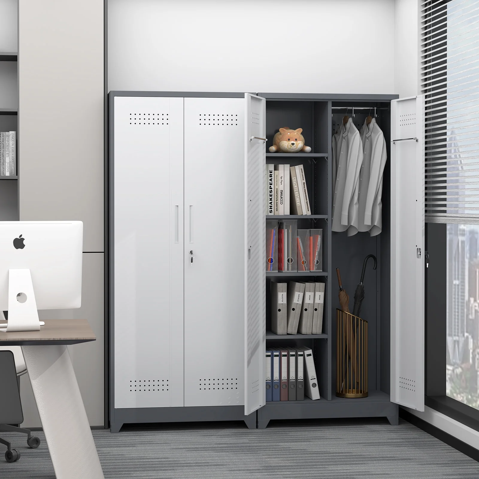 Marcree Broom Closet Storage Cabinet,Cleaning Supply Storage Cabinet,Metal Cleaning Closet Cabinet with Adjustable Shelves for Laundry Room Basement