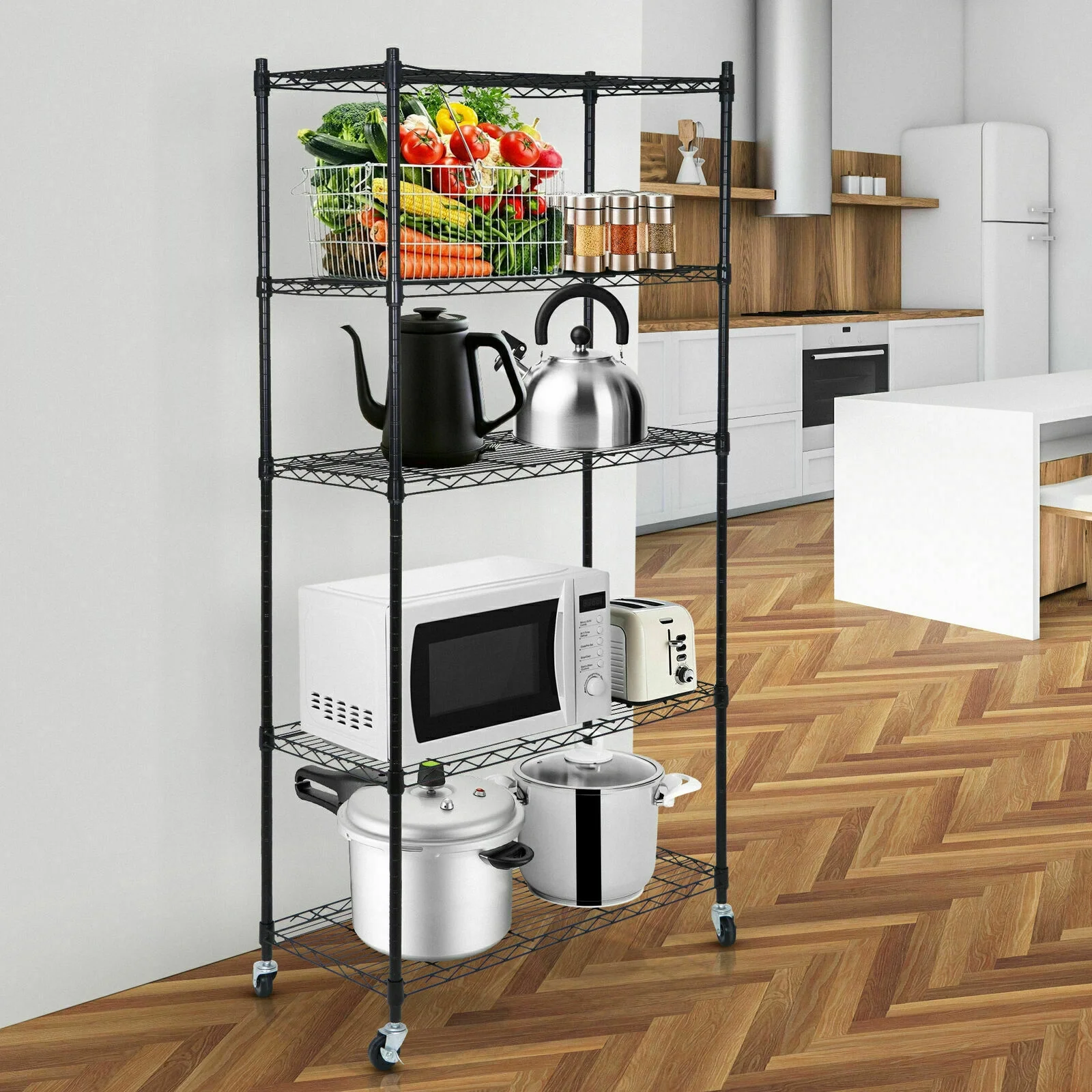 Brezey Set of 2 5-Shelf Wire Tier Layer Shelving Units with 4 Rolling Wheel Casters - Heavy-Duty Space-Saving Storage Solution, Dimensions: 30.1-(L)x14.2"(W)x63"(H)