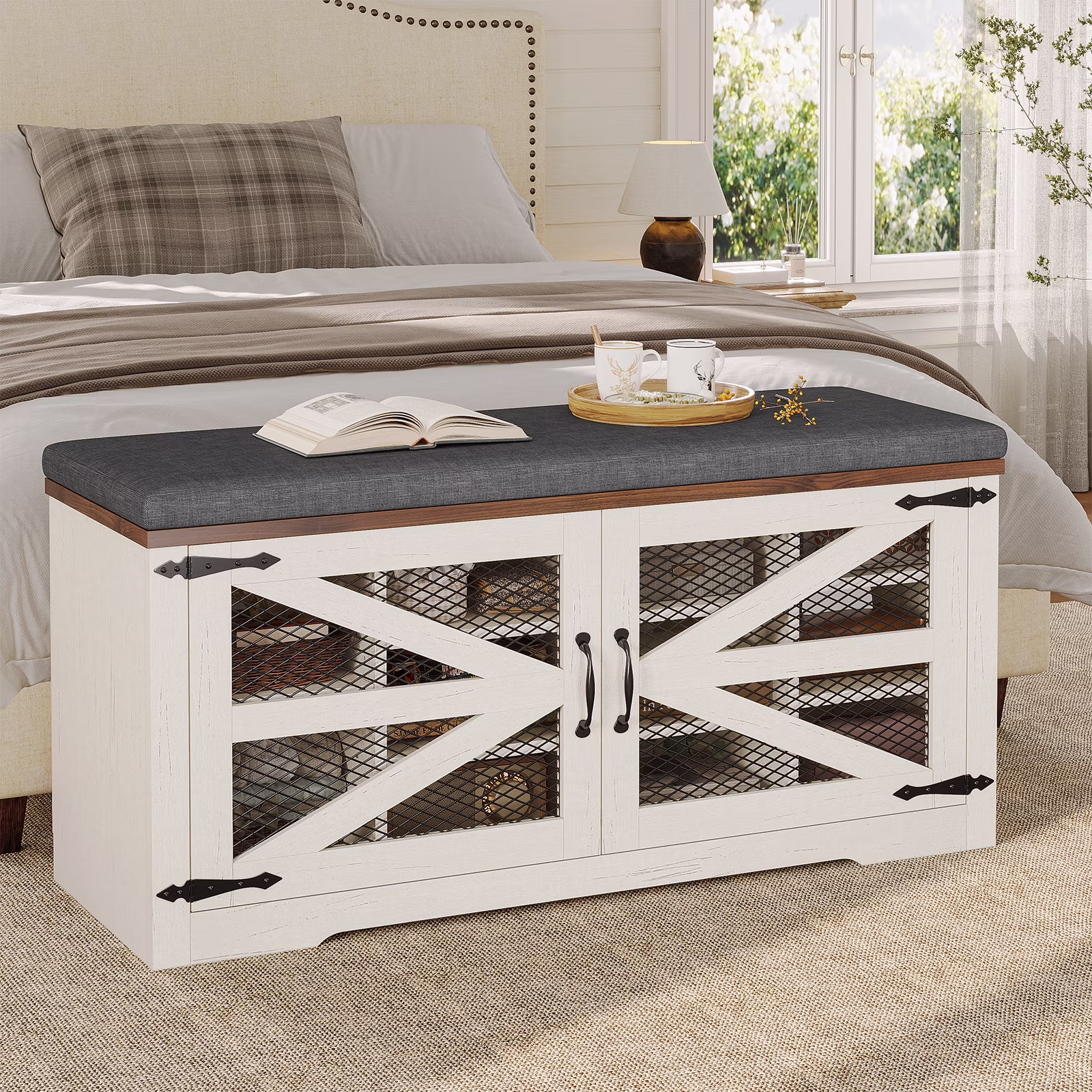 Farmhouse Storage Bench with Cushion, 31.4in Shoe Cabinet with Metal Barn Door and Half Hidden Storage Space for Entryway, Bedroom, Living Room, Old White