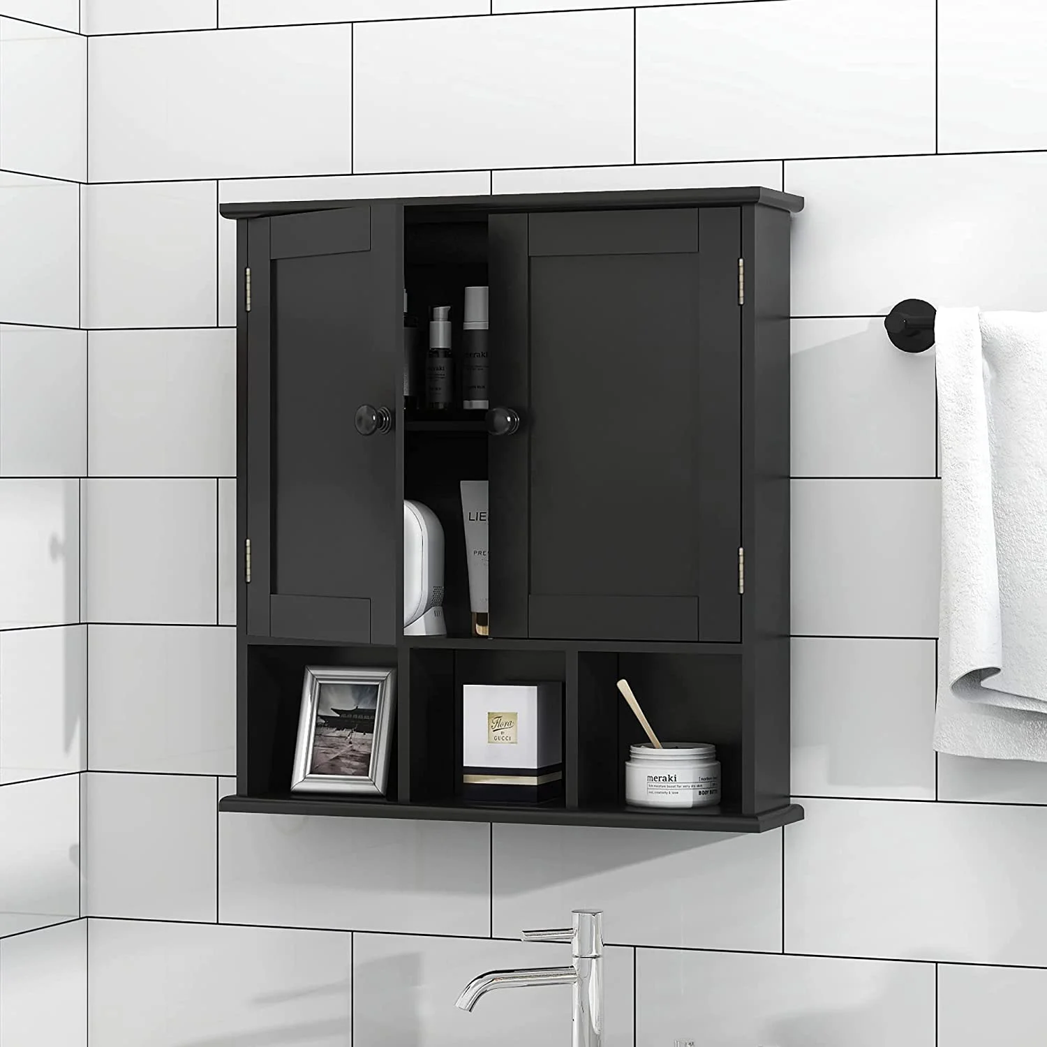 Black Bathroom Cabinet, Wall Mounted 2 Door Storage With Adjustable Shelves, Over The Toilet Medicine Cabinet for Laundry Room Kitchen