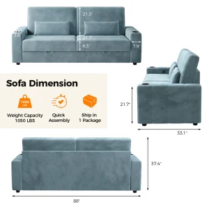 87-Large Loveseat Sofa, 3 Seater Couch with Storage, Velvet Fabric Deep Seat Sofa with Pillow& Cup Holders, Modern Comfy Sofa with USB& Type-C Ports, Home Sofa Couch for Living Room Bedroom