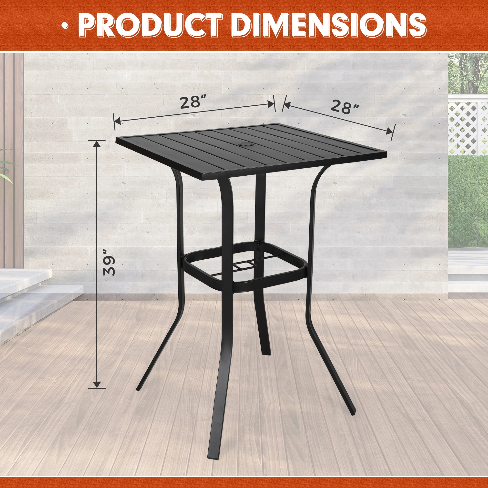 SOLAURA Outdoor Patio Bar Height Table Metal Bistro Table with Umbrella Hole, Black