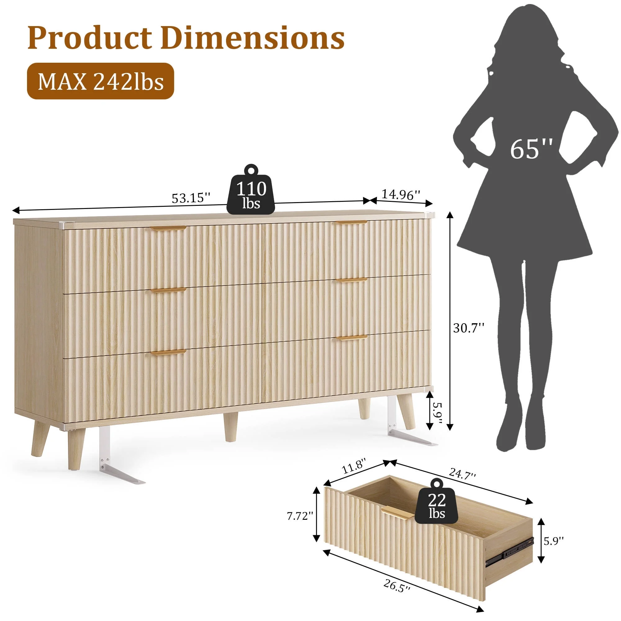 Laintene 3-Piece Boho Bedroom Set - 6-Drawer Dresser & 2 Nightstands with 3 Drawers & USB Charging, Fluted Wooden Storage, Modern Dresser & Nightstand Combo, Natural