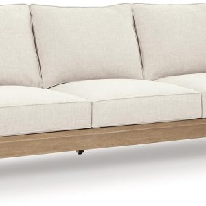 Signature Design by Ashley Clare View Coastal Outdoor Patio Eucalyptus Sofa with Cushions, Beige