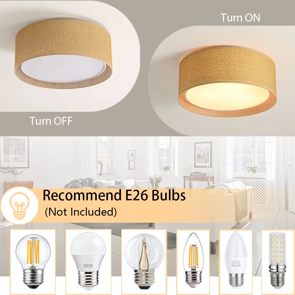 LEDET 15.7 in. Yellow Flush Mount Ceiling Light Rattan Weaving Shade Home Decor Pendant Lighting