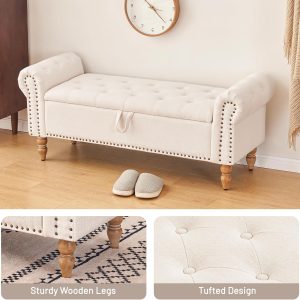 Furniliving Modern Storage Ottoman Bench, Sherpa Ottoman End of Bed Bench with Solid Wood Legs Upholstered Ottoman Benches with Storage Indoor Bench for Living Room with Rolled Arm, Entryway, White