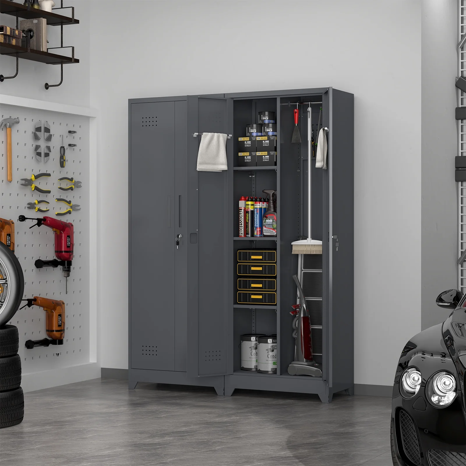 Marcree Broom Closet Storage Cabinet with Lock,65" Tall Garage Storage Cabinet with Hanging Rod,Multifunctional Garage Storage Broom Closet with Doors,Cleaning Tool Cabinet