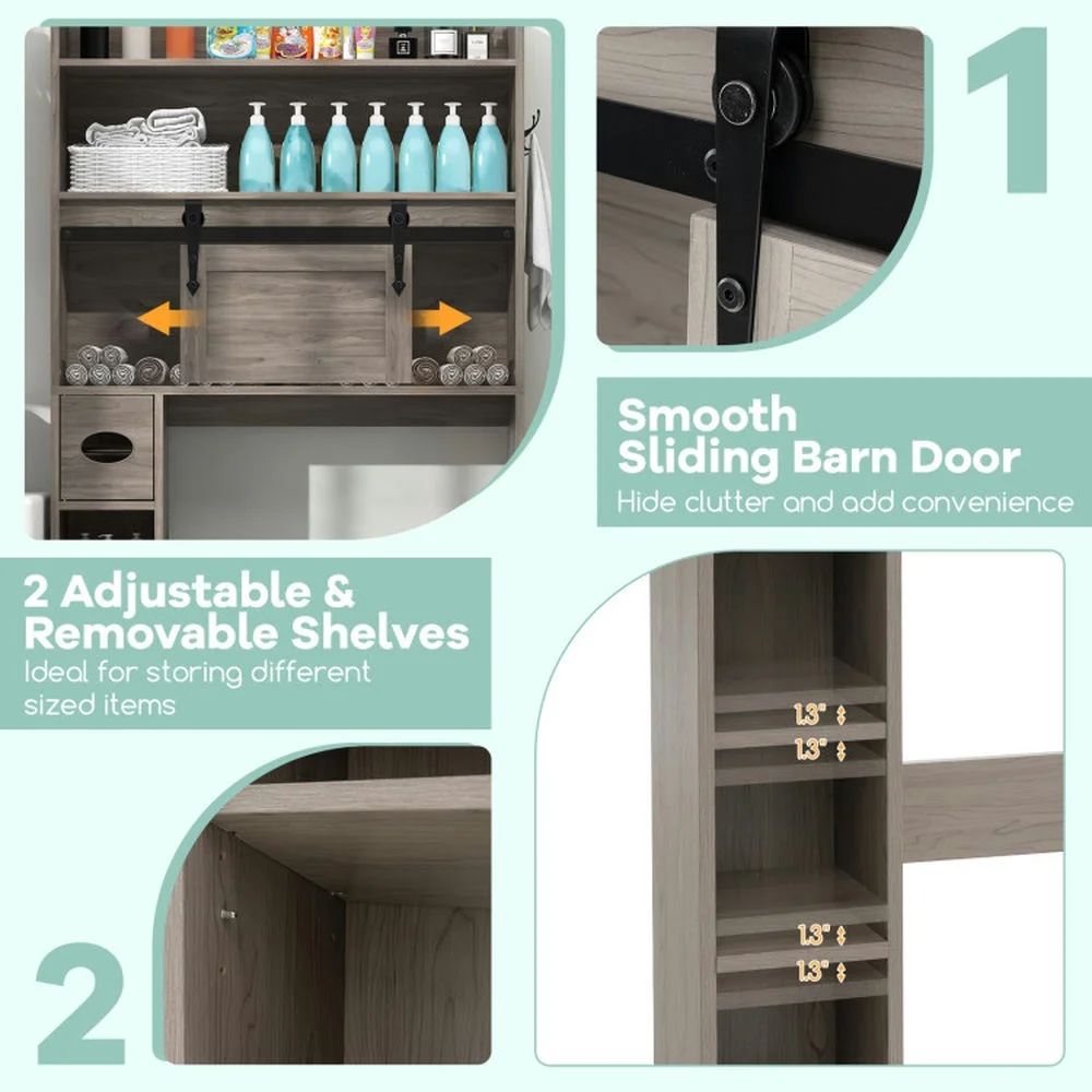 Topcobe Over The Toilet Storage Cabinet with Sliding Barn Door and Adjustable Shelves, Bathroom Furniture, Bathroom Shelves, White