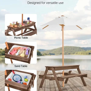 VEVOR Kids Picnic Table with Umbrella, 3-in-1 Sand & Water Table, Outdoor Wooden Table and Bench Set with 2 Trays, 4-People Patio Dining Furniture for Garden, Backyard and Porch (Walnut)