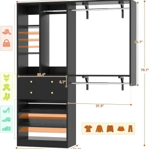iSunirm 5FT Closet System with Drawers,5FT Closet System with Drawers, 60" Closet Organizer System with 2 Hanging Shelving Perfect Storage Solution for Organizing Your Closet