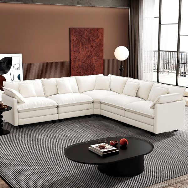 Ihanherry 146" U-Shaped Modern Sofa Modular Sectional Cloud Couch with 2 Ottoman, 6-Seat Chenille Deep Seat Sofa with 6 Pillows for Living Room, Bedroom and Apartment, Grey