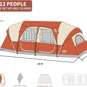 CAMPROS CP Tent 12-Person-Camping-Tents,3 Room Family Tents,Waterproof Windproof Family Tent with Top Rainfly,6 Large Mesh Windows,Double Layer,Easy Set Up, Portable with Carry Bag-20' x 9' x 72"(H)