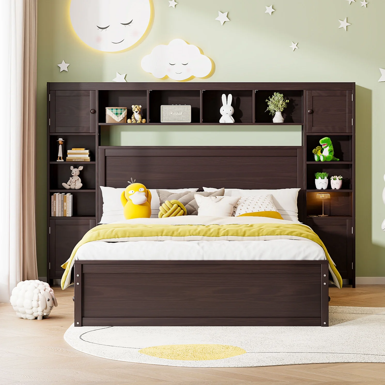 Queen Size Bed Frame with Headboard Storage and Outlet, Modern Solid Wood Storage Bed with 4 Underbed Drawers, Durable and Noiseless,Espresso