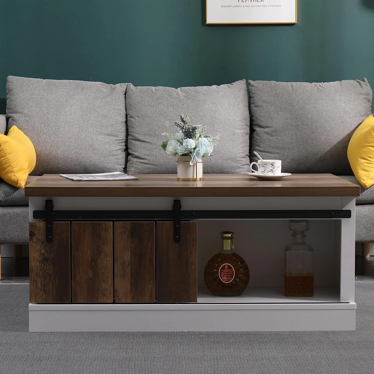 Ansley&HosHo Farmhouse Coffee Table with Sliding Barn Doors & Storage, Antique Wood Living Room Center Table, Rustic Industrial Cocktail Table for Bedroom Home Office, White+Dark Walnut