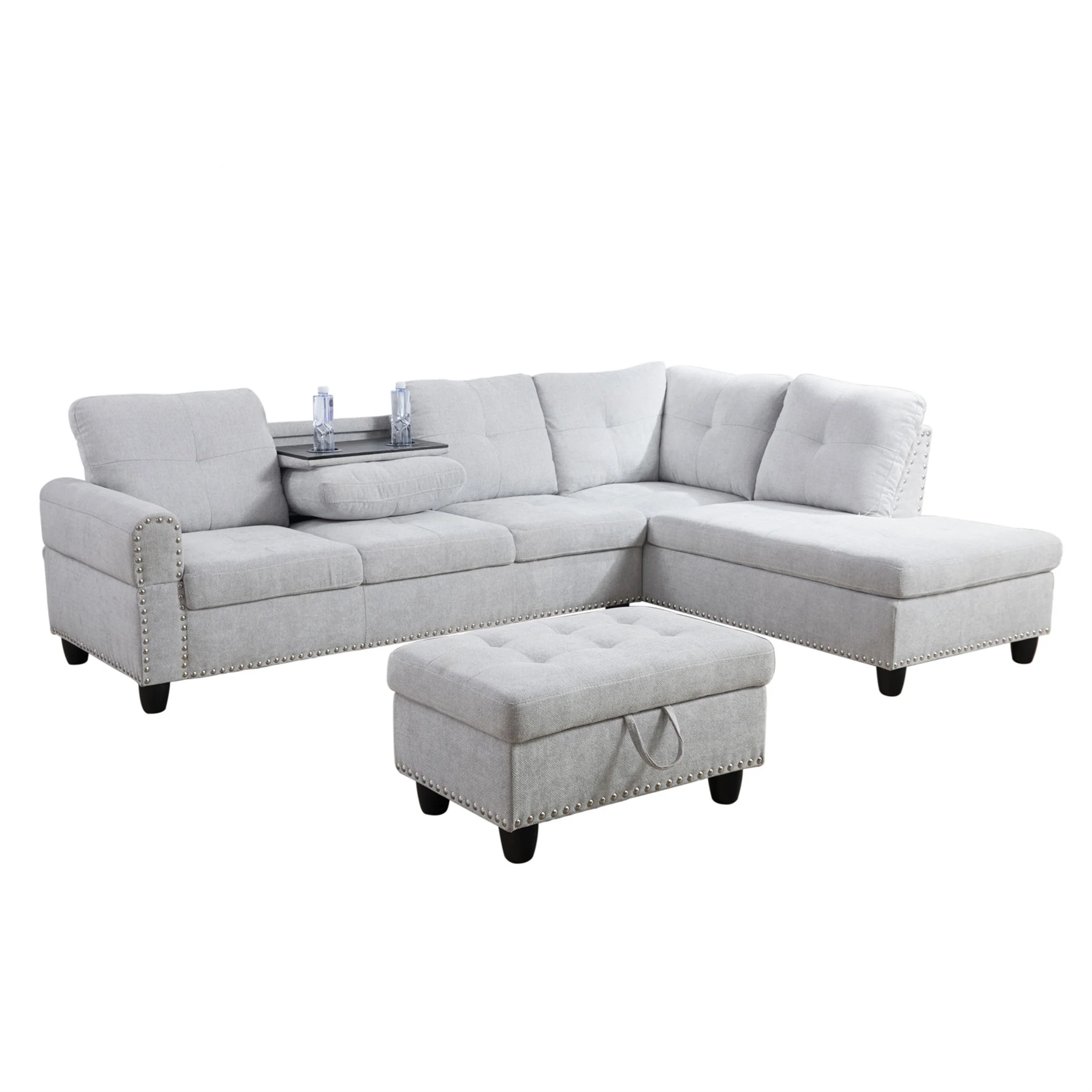 Aukfa 3 Piece Sectional Sofa, Living Room Couch with Storage Ottoman&Cup Holder, Linen, Right Hand, Purple
